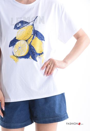 T-shirt de Algodón manga corta cuello redondo Diseño impreso con brillantes - ph 4