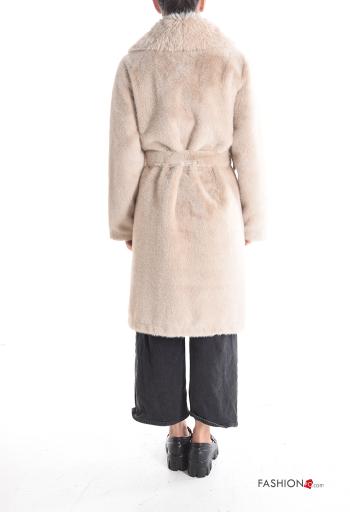 faux fur with collar Coat with pockets with fabric belt - ph 2