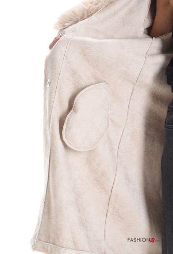 faux fur with collar Coat with pockets with fabric belt - ph 5