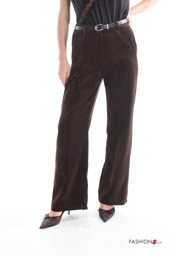 Samt wide leg Hose mit Gürtel mit Reißverschluss mit Taschen mit Knöpfen