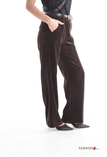 Samt wide leg Hose mit Gürtel mit Reißverschluss mit Taschen mit Knöpfen - ph 3