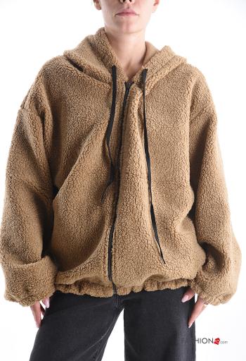 Sweatshirt Teddy com cordão com capuz com fecho com bolsos