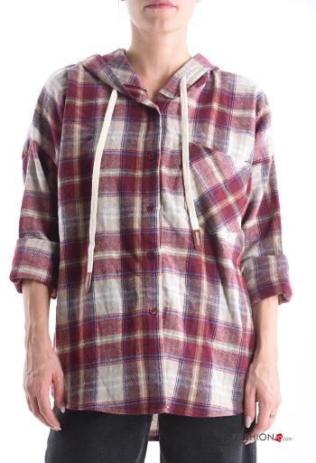 Tartan Wool Mix Shirt with buttons with drawstring with hood