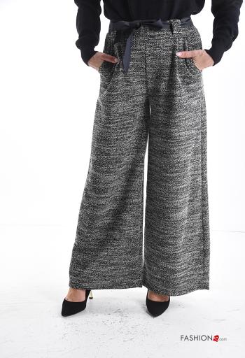 Pantalone wide leg con tasche con nastro