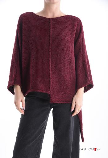 long sleeve crew neck asymmetrical Wool Mix Sweater with knot with split