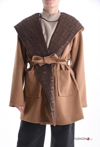 long sleeve Wool Mix Coat with hood with fabric belt without lining with pockets - ph 1