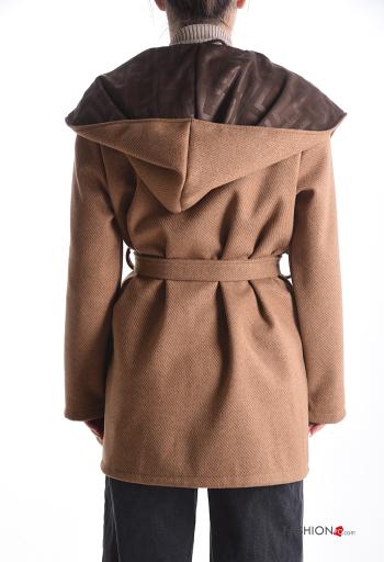 long sleeve Wool Mix Coat with hood with fabric belt without lining with pockets - ph 2