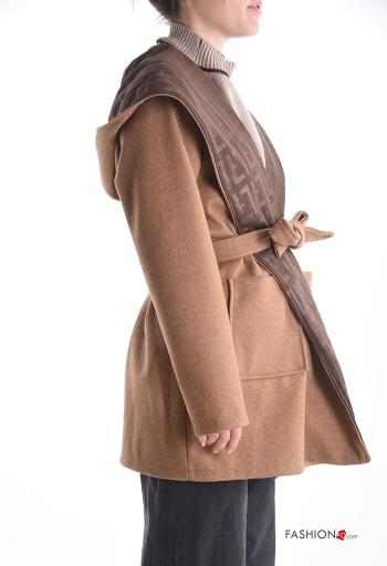 long sleeve Wool Mix Coat with hood with fabric belt without lining with pockets - ph 3