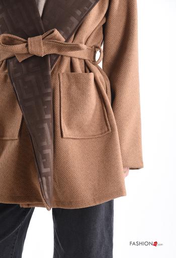 long sleeve Wool Mix Coat with hood with fabric belt without lining with pockets - ph 4