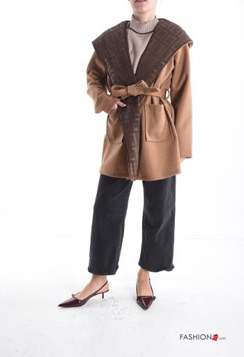long sleeve Wool Mix Coat with hood with fabric belt without lining with pockets - ph 5