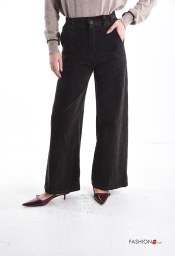 high waist wide leg Ribbed Velvet Cotton Trousers with pockets