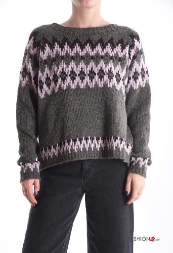 Geometrisches Muster lange ärmel u-boot ausschnitt Strickpullover aus Wollmischung