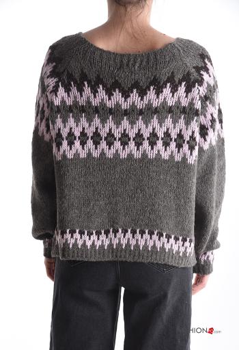 Geometrisches Muster lange ärmel u-boot ausschnitt Strickpullover aus Wollmischung - ph 2