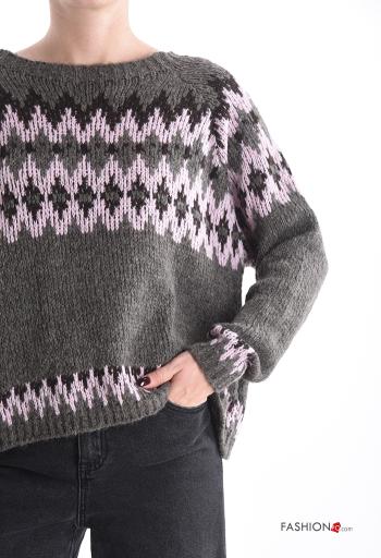 Geometrisches Muster lange ärmel u-boot ausschnitt Strickpullover aus Wollmischung - ph 4