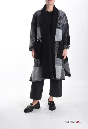 Geometric pattern oversized long sleeve Wool Mix Duster Coat with pockets - ph 1