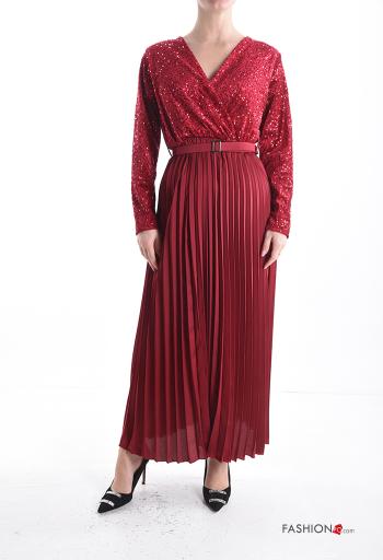 Vestido satén con plisado largo con lentejuelas con cuello en v con cinturón