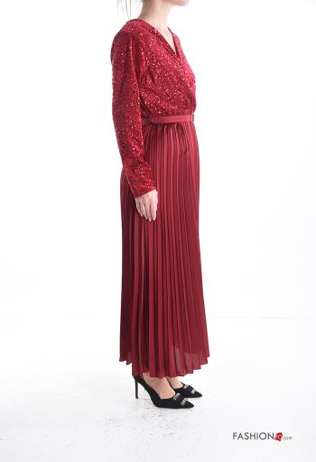 Vestido satén con plisado largo con lentejuelas con cuello en v con cinturón - ph 3