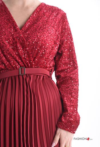 Vestido satén con plisado largo con lentejuelas con cuello en v con cinturón - ph 4