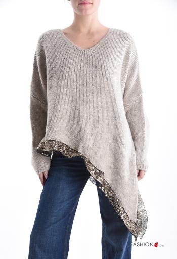 long sleeve asymmetrical oversized Wool Mix Sweater with sequins with split with v-neck
