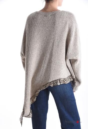 long sleeve asymmetrical oversized Wool Mix Sweater with sequins with split with v-neck - ph 2