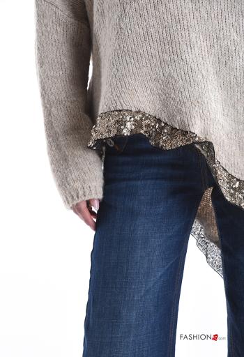 long sleeve asymmetrical oversized Wool Mix Sweater with sequins with split with v-neck - ph 4
