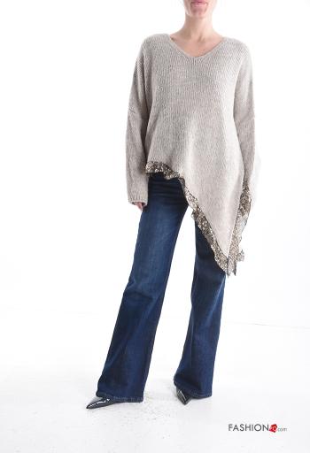 long sleeve asymmetrical oversized Wool Mix Sweater with sequins with split with v-neck - ph 5