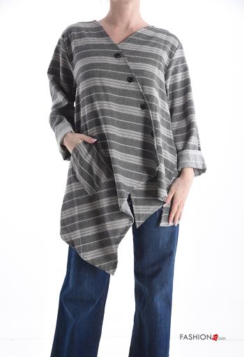 Striped asymmetrical Cotton Tunic with buttons with v-neck - ph 1
