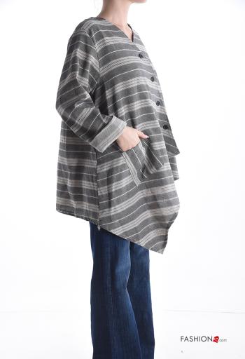 Striped asymmetrical Cotton Tunic with buttons with v-neck - ph 3