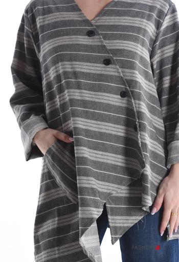Striped asymmetrical Cotton Tunic with buttons with v-neck - ph 4