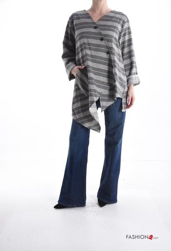 Striped asymmetrical Cotton Tunic with buttons with v-neck - ph 5