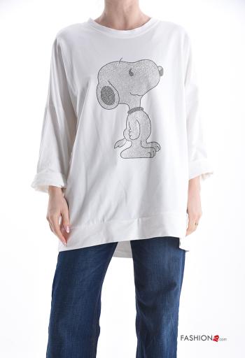 Camisola de mangas compridas em Algodão gola redonda Padrão Estampado com strass