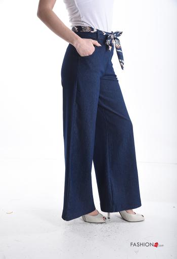 Pantalone in Cotone denim wide leg con tasche con nastro - ph 3