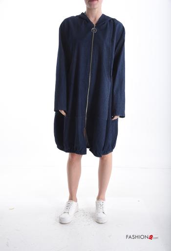 Giacca in Cotone lungo denim maniche lunghe con zip con tasche con cappuccio