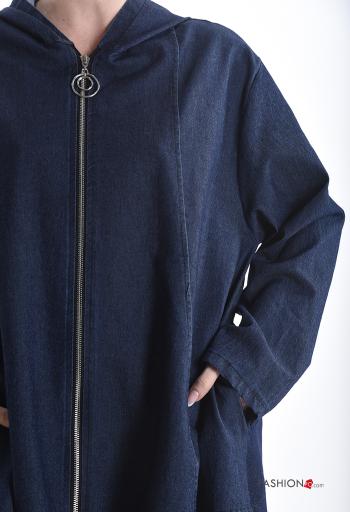 Giacca in Cotone lungo denim maniche lunghe con zip con tasche con cappuccio - ph 4