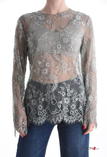 Maglietta a manica lunga pizzo girocollo Fantasia ricamata - ph 1