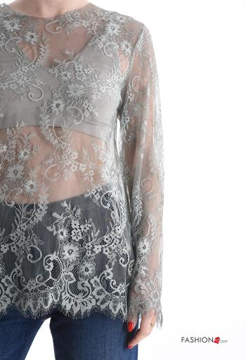 Maglietta a manica lunga pizzo girocollo Fantasia ricamata - ph 4