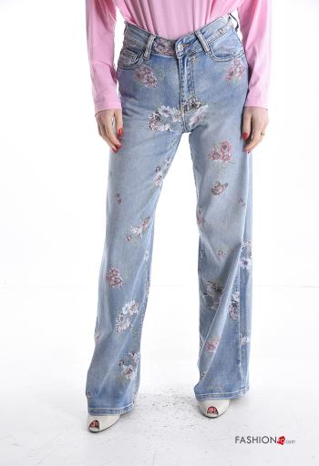 Jeans en Coton en denim à Imprimé Floral à boutons avec fermeture éclair avec poches