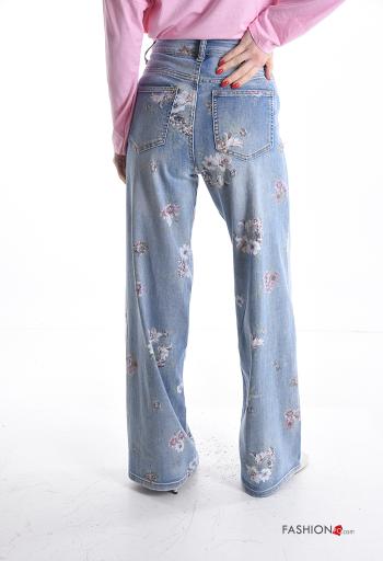 Jeans en Coton en denim à Imprimé Floral à boutons avec fermeture éclair avec poches - ph 2