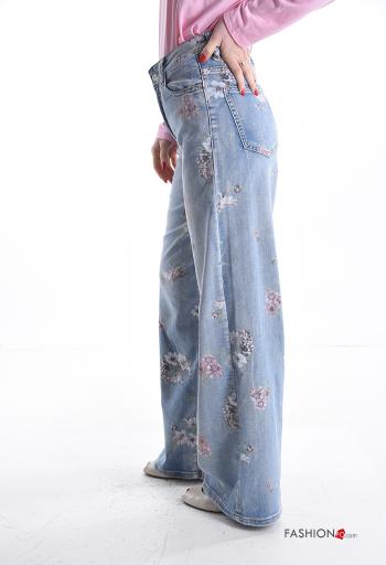 Jeans en Coton en denim à Imprimé Floral à boutons avec fermeture éclair avec poches - ph 3