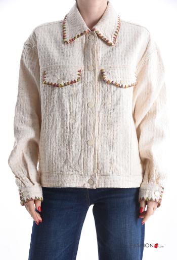 Chaqueta de Lino manga larga Patrón bordado con botones con bolsillos