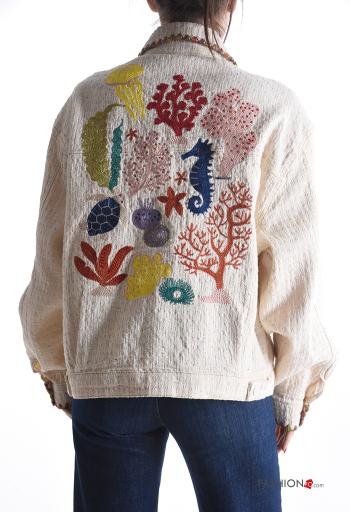 Chaqueta de Lino manga larga Patrón bordado con botones con bolsillos - ph 2