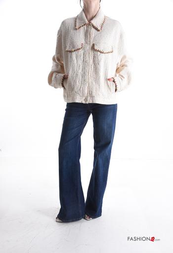 Chaqueta de Lino manga larga Patrón bordado con botones con bolsillos - ph 5