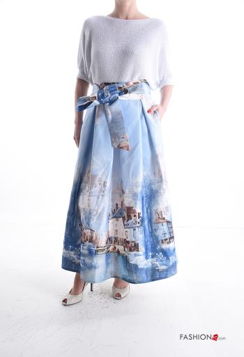 Patterned full Skirt with pockets with fabric belt with bow - ph 5