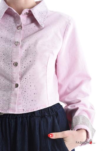 Chemise en Coton courte en denim à collet à boutons avec strass - ph 4