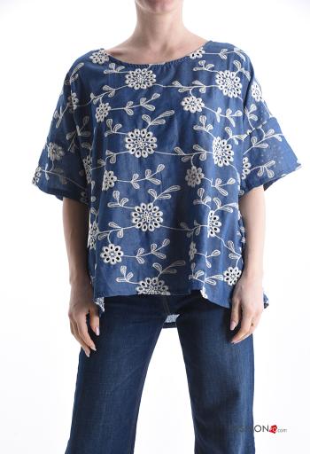 Blusa in Cotone maniche corte Fantasia ricamata