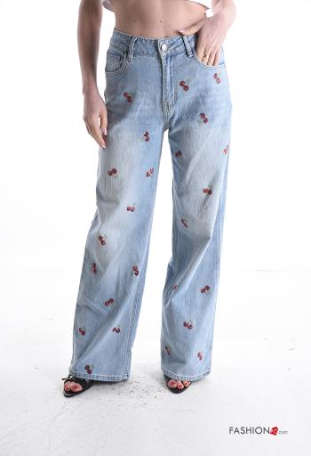 Embroidered wide leg Cotton Jeans with pockets - ph 1
