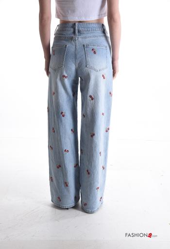 Embroidered wide leg Cotton Jeans with pockets - ph 2