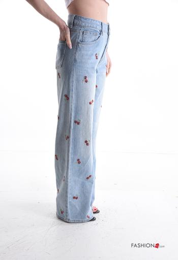 Embroidered wide leg Cotton Jeans with pockets - ph 3