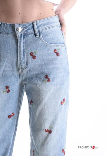 Embroidered wide leg Cotton Jeans with pockets - ph 4