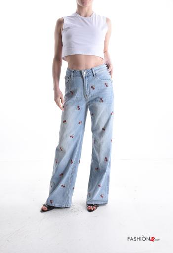 Embroidered wide leg Cotton Jeans with pockets - ph 5
